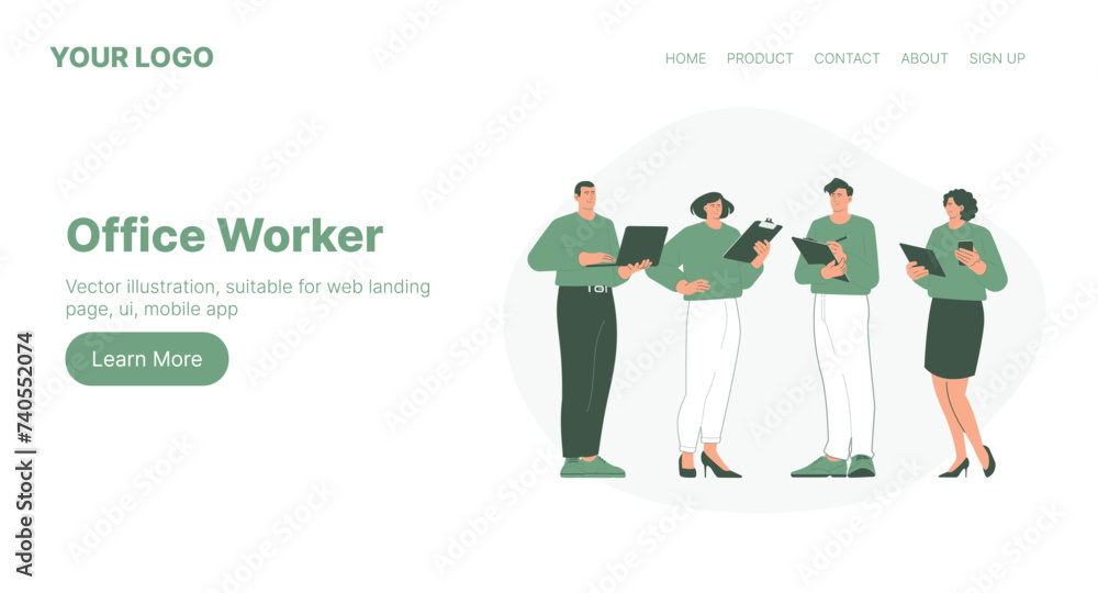 Office Worker. Web Landing Page Design. Flat Cartoon Vector Illustration. Vector illustration, suitable for web landing page, ui, mobile app.