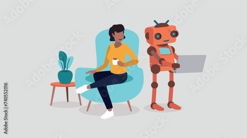 Eine Person sitzt entspannt auf dem Sofa, während ein Roboter mit künstlicher Intelligenz an einem Laptop arbeitet - Konzept der künstlichen Intelligenz