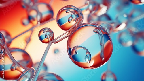 Scientific image of cell membrane. Macro up of liquid substances. Abstract molecule atom sctructure. Water bubbles. Macro shot of air or molecule. Biology, physics or chemistry abstract background