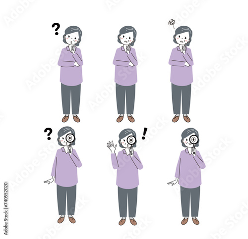 虫眼鏡をもった高齢女性のイラスト　差分セット