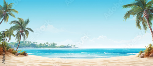 Serene beach scene with palm trees and crystal blue waters under a clear sky