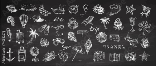 Hand drawn sketch set of travel icons on chalkboard background. Tourism and camping adventure icons. Сlipart with travelling elements: bags, transport, camera, map, palm, seashells..