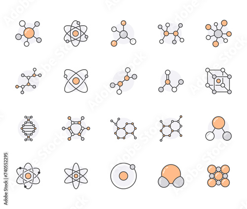 Molecule flat line icons set. Chemistry science, molecular structure, chemical laboratory dna cell protein vector illustrations. Outline signs scientific research. Orange color, Editable Stroke