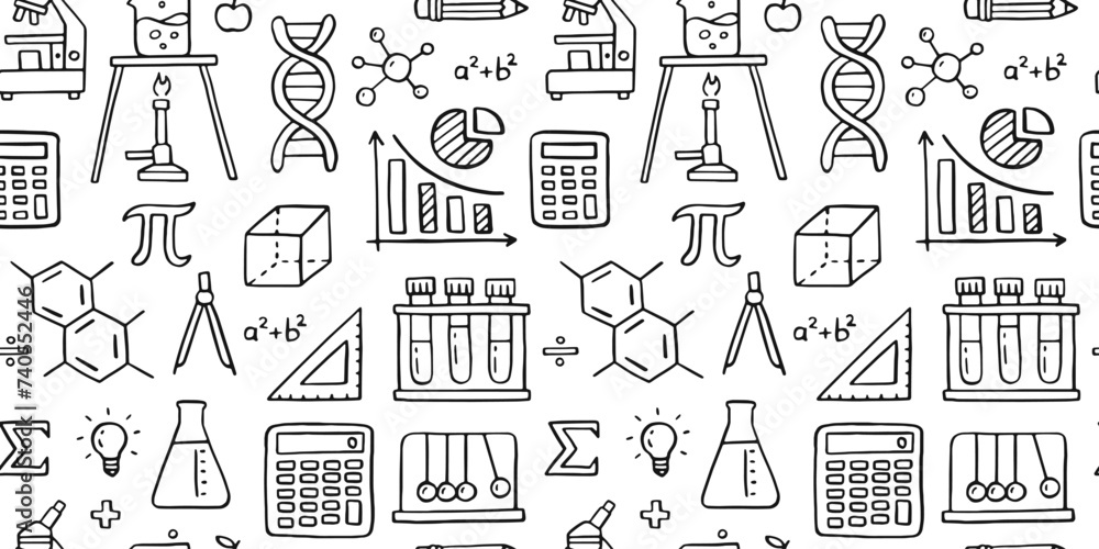 Education doodle seamless pattern. Science line hand drawn elements ...