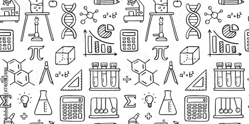 Education doodle seamless pattern. Science line hand drawn elements - mathematics formula, chemistry molecule, dna, graph, scientific experiment vector repeated background