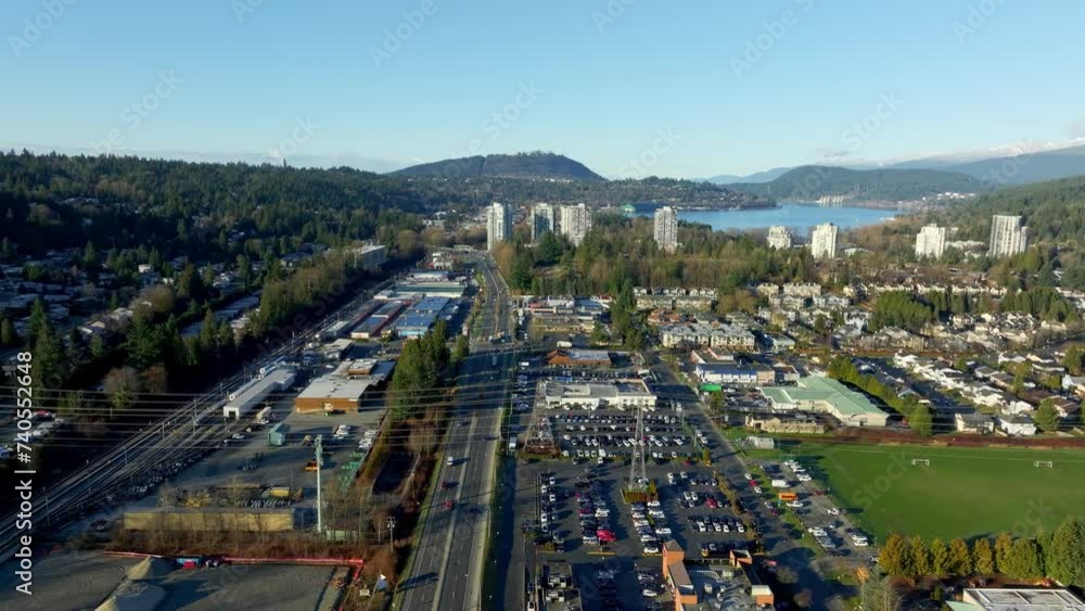 Flying Above Barnet Highway At The Border Of Port Moody And Coquitlam In BC, Canada. aerial pullback shot