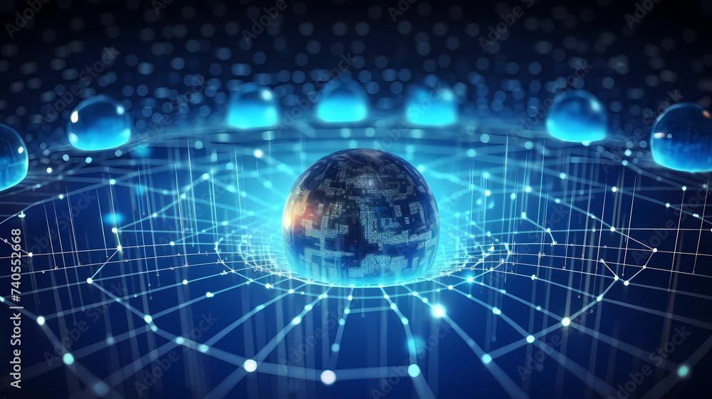 Obraz premium Artificial intelligence background, blockchain managed domain electronic devices network blue background