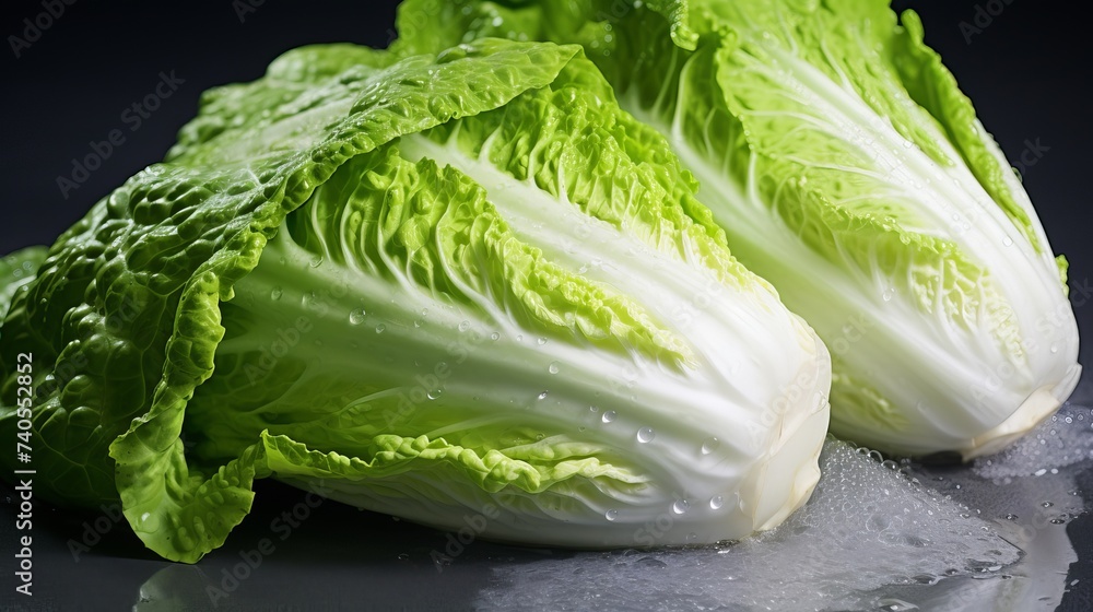 Top view asian cabbage bok choy braisd with garlic and citrus juice on marble table close up - obrazy, fototapety, plakaty 