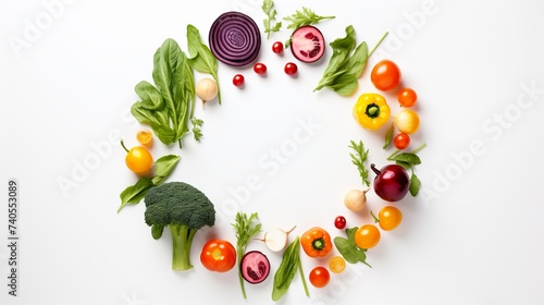 Top view of circle of cut vegetables isolated on white
