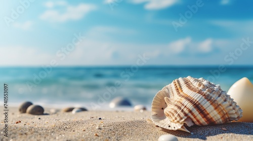 Travel, vacation concept. Sea shells on sand and blue background. Travelling, trip. Travel text. High quality photo