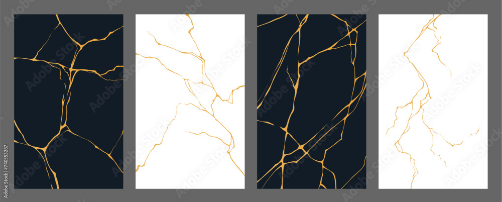 Golden kintsugi cracks, marble tile texture pattern. Black and white ...