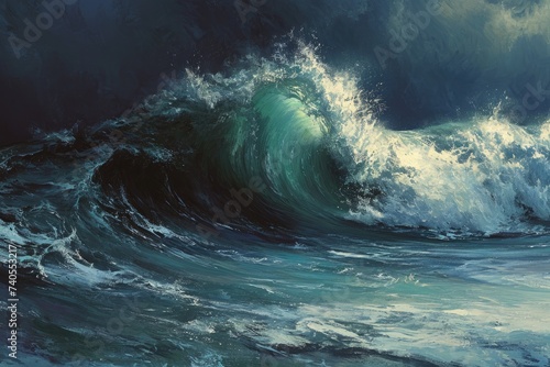 Majestic Painting of a Powerful Ocean Wave, Detailed depiction of a towering wave mid-crash, AI Generated © Iftikhar alam