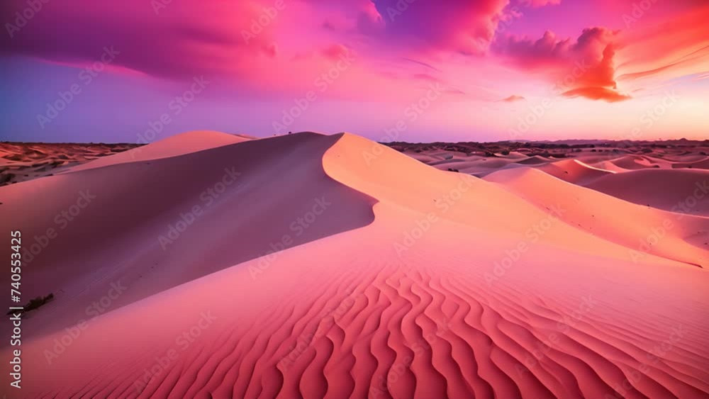 Vast desert landscape featuring rolling sand dunes under pink clouds in ...