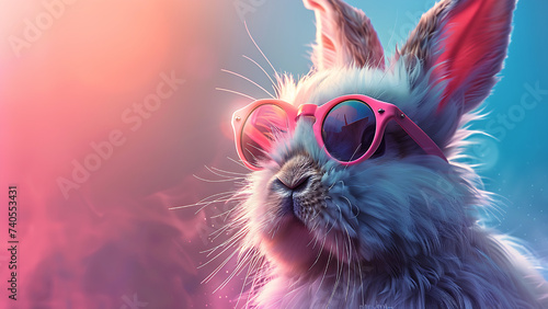 Rabbit wearing pink glasses on a blurred background.