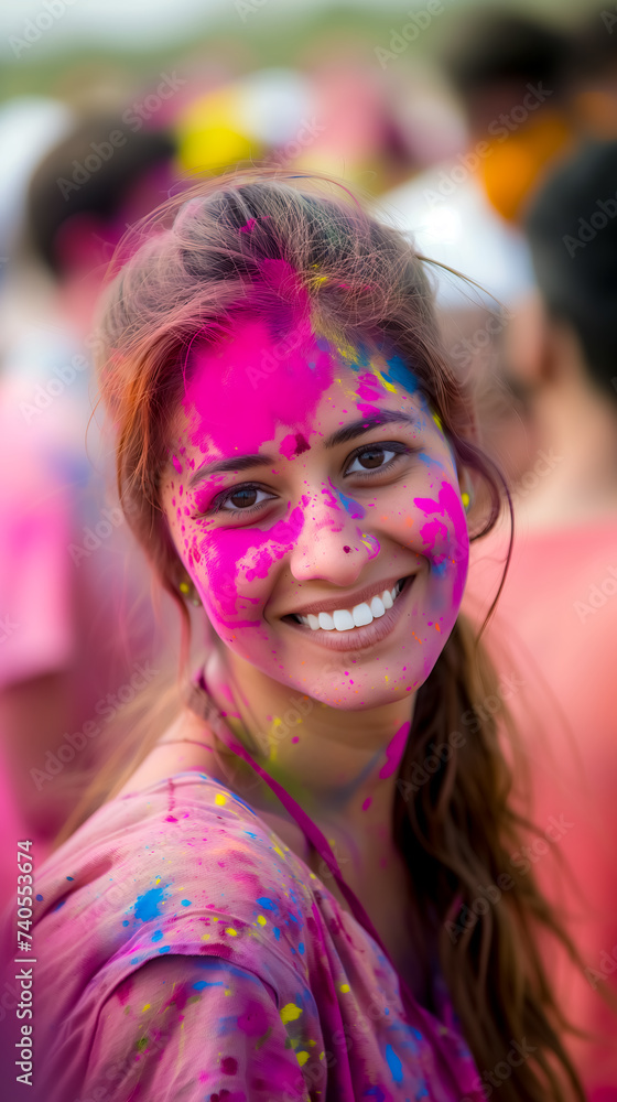 portrait of beautiful girl face covered in multicolored colors powder while playing holi festival