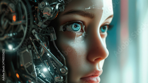 close-up portrait, robot girl, iron metal parts on the face and head, virtual lenses with projection on the eye