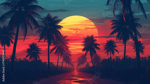 the sunset scene of palm trees and the sunset in the sky, in the style of synthwave