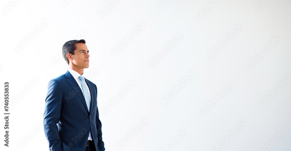 Medium shot of a business professional against white, symbolizing ambition and success. Medium shot of a business professional against white, symbolizing ambition and success.