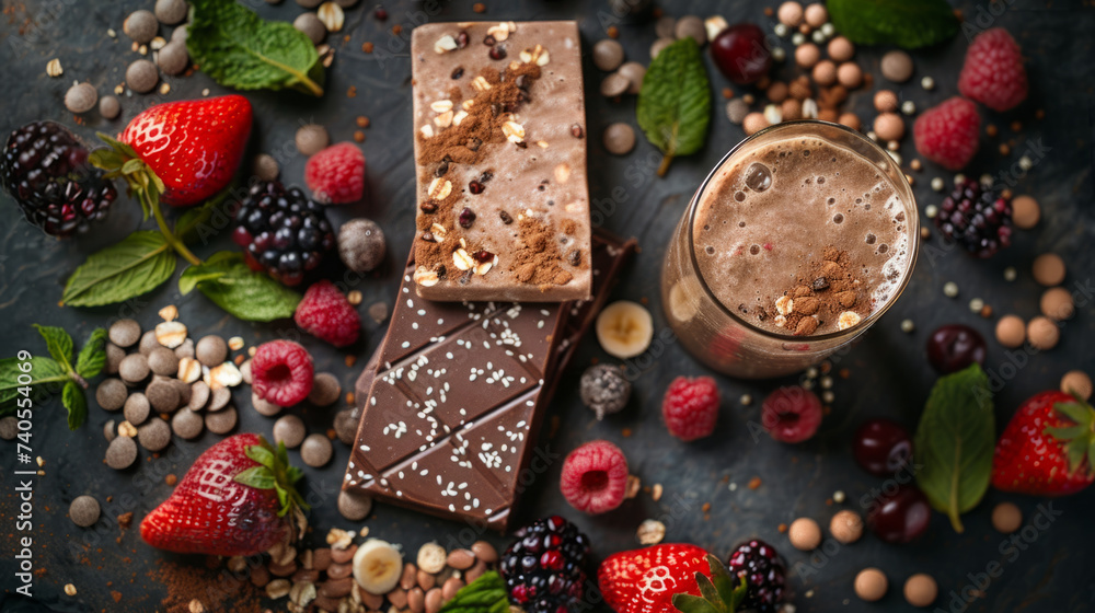 Gourmet chocolate milkshake surrounded by an assortment of fresh berries, rich chocolate bars with nuts and white chocolate drizzle, and scattered mint leaves on a dark rustic background.