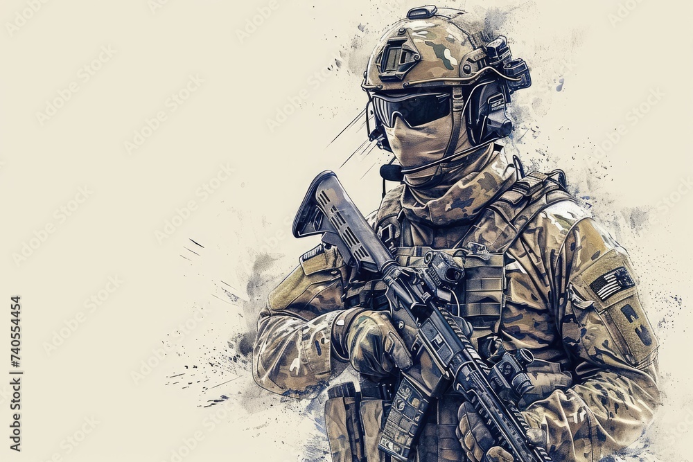 Fototapeta premium A precise and detailed drawing capturing the image of a soldier firmly holding a rifle, Detailed illustration of modern Special Forces soldier in full gear, AI Generated