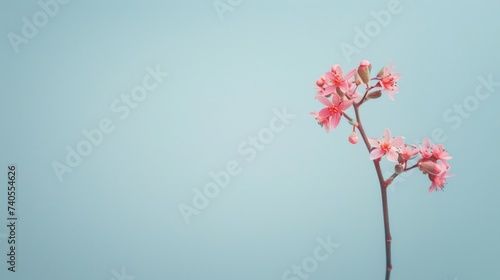 Beautiful pink flower, branch of flowers close-up on a blue pastel background. Batanic plant card for holidays with copy space. Minimalist design. photo