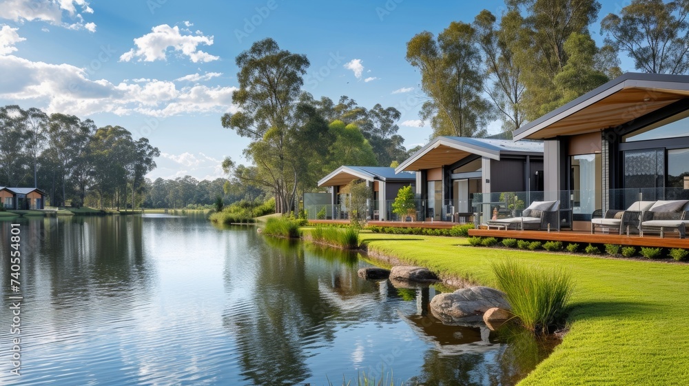 Obraz premium A secluded lakeside haven where retirees can escape the bustle of city life and enjoy the calming sounds of lapping water and singing birds.