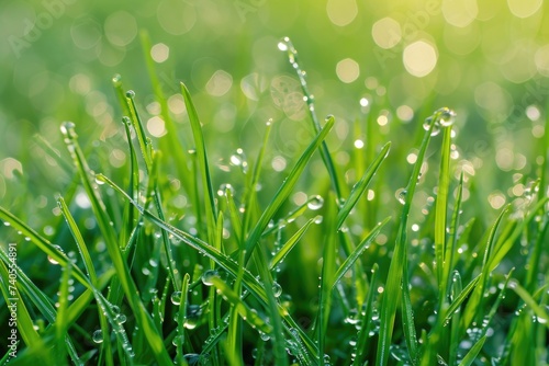 A detailed view capturing the water droplets on the blades of grass, Dew droplets on morning grass, AI Generated