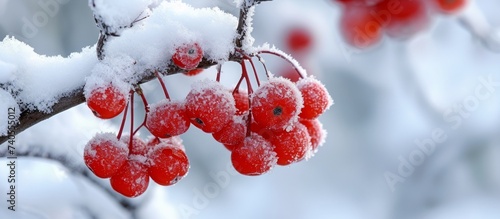 A cluster of red berries on a twig, dusted with snow, hanging from a tree. The freezing temperatures have coated this natural food with a beautiful wintry font photo