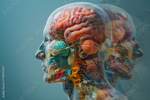 This photo depicts a close-up view of a human head, showcasing a multitude of intricately detailed and distinct parts, Different human body systems blended into one image, AI Generated photo