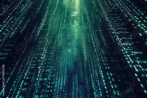 A photo showcasing a multitude of green and white numbers displayed on a black background, Digital code raining down in a matrix style, AI Generated