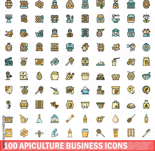 100 apiculture business icons set. Color line set of apiculture business vector icons thin line color flat on white