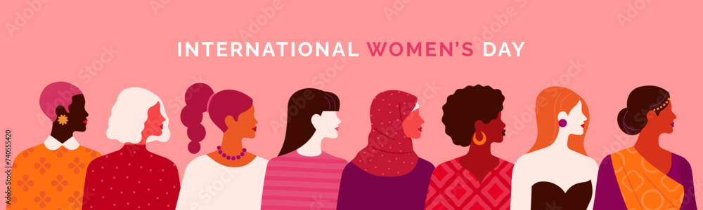 International Women's Day banner. Vector horizontal illustration in modern flat style of a big group of diverse multiracial women. Isolated on pink background