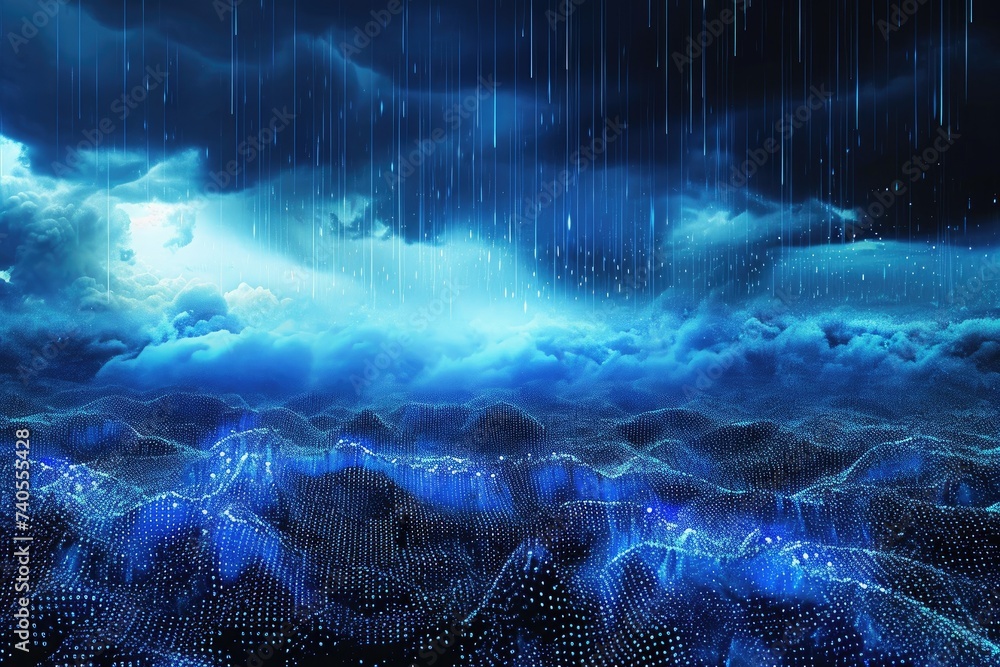 A painting depicting rain falling from a cloudy sky, capturing the motion and atmosphere of a stormy weather, Digital storm made from binary code, AI Generated