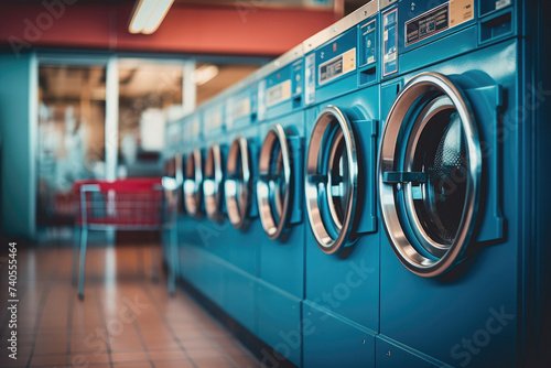 Row of industrial laundry machines in laundromat