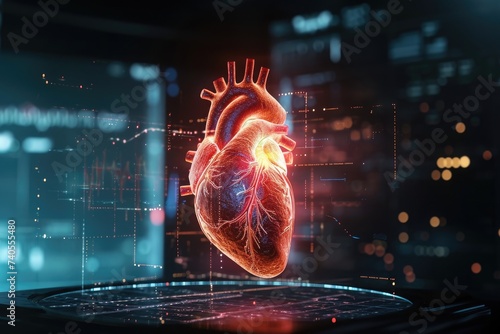 A computer screen displaying a heart icon, representing a symbol of love or affection, Digital twin hologram of human heart beating, AI Generated #740555480