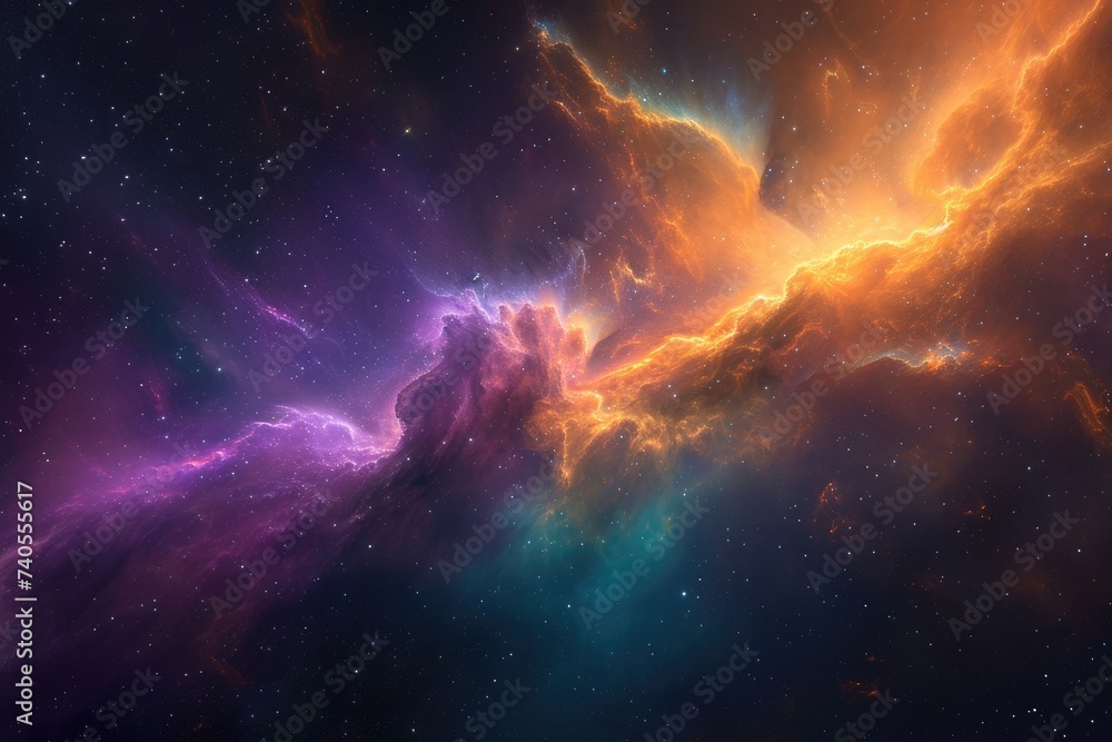 A vibrant and vivid space scene featuring an array of stars and clouds, Digitally rendered space art depicting a vibrant cloud nebula, AI Generated