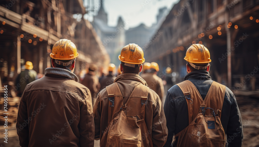 Rear view of a group of construction workers wearing hard hats on an outdoor construction site with construction cranes in the background