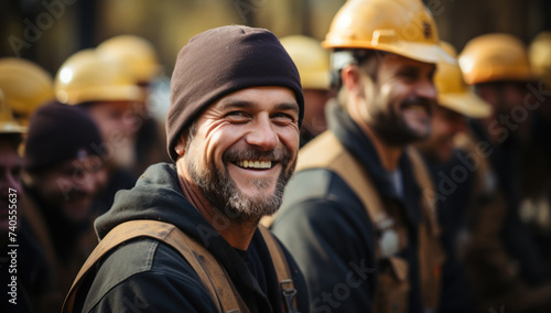 Smiling builders in work clothes and helmets on their heads look at the camera