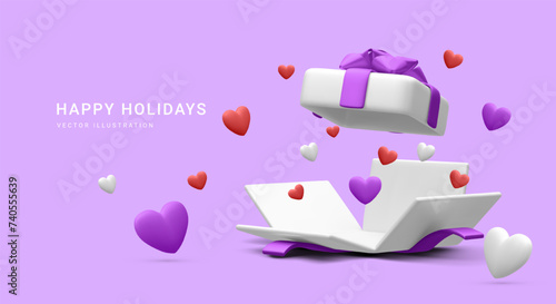 3d realistic open gift box with hearts isolated on light background. Vector illustration