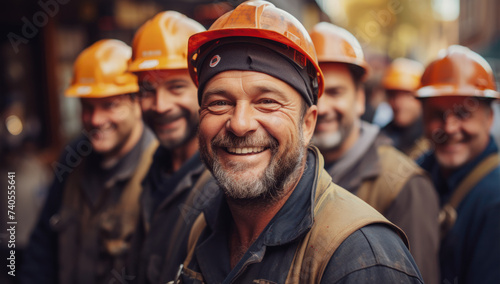 Smiling builders in work clothes and helmets on their heads look at the camera © Intel