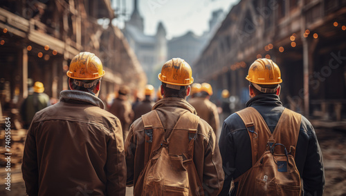 Rear view of a group of construction workers wearing hard hats on an outdoor construction site with construction cranes in the background