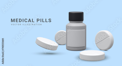 3d realistic jar with pills on blue background. Medical banner, advertising poster for hospital, pharmacies or pharmaceutical company. Vector illustration