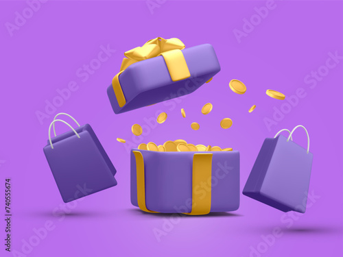 3d realistic open gift box surprise with gold flying coins and shopping bag. Money prize reward. Loyalty program and get rewards concept. Vector illustration