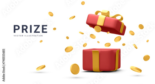 3d realistic open gift box and falling gold coins.  Concept for cryptocurrency bonus. You win prize. Vector illustration