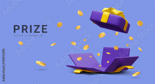 3d realistic open gift box and falling gold coins.  Concept for cryptocurrency bonus. You win prize. Vector illustration
