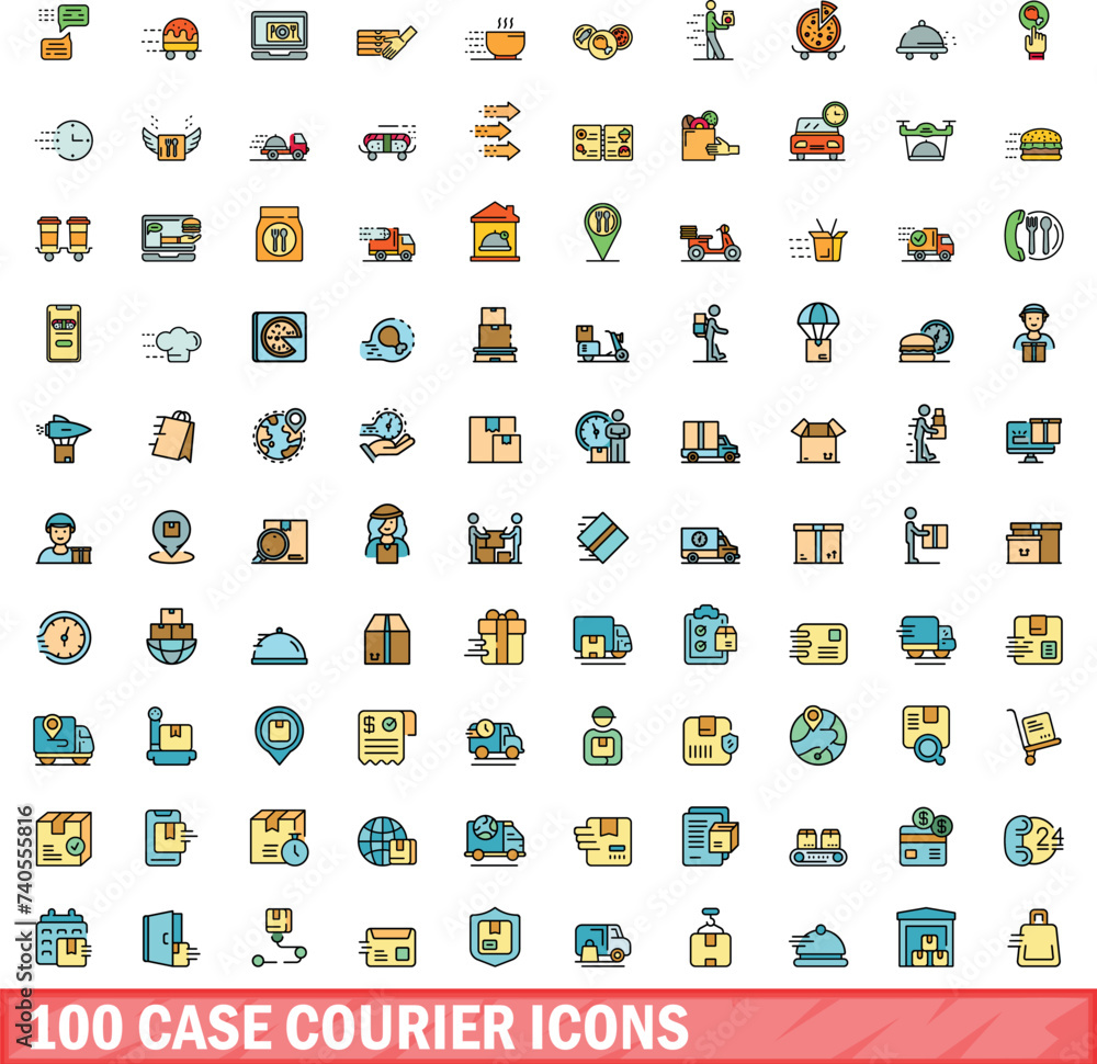 100 case courier icons set. Color line set of case courier vector icons thin line color flat on white 100 case courier icons set. Color line set of case courier vector icons thin line color flat on white