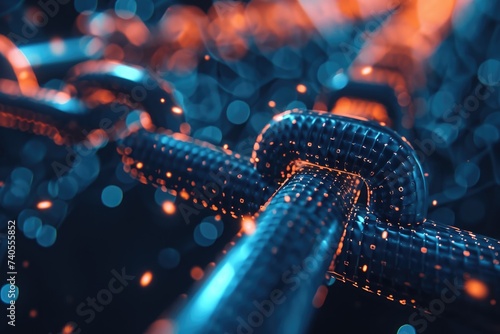 This close-up photo showcases a blue chain against a solid black background, highlighting its texture and color, Diving inside a blockchain: particles, contacts, and transactions, AI Generated © Iftikhar alam