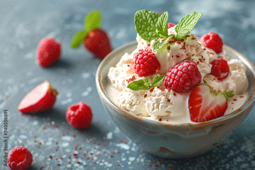 Whipped cream with raspberries in ceramic bowl Whipped cream with raspberries in ceramic bowl