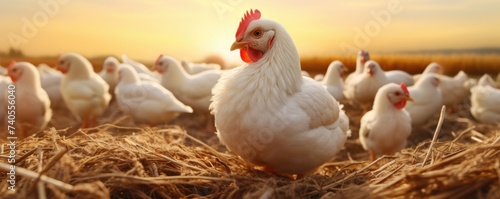 Healthy chicken animal on green farm during colorfu sunset, food protein healthy food banner. Generative Ai.