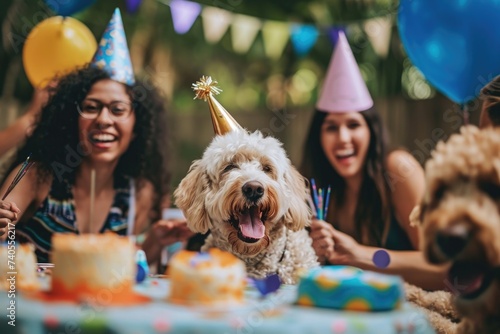 Several women are seated around a table, engaged in conversation, while a dog sits nearby, Dog owners and their pets celebrating at a dog birthday party, AI Generated photo